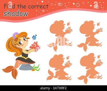 Trouvez le personnage de sirène mignonne de l'ombre correct. Jeu éducatif d'appariement pour enfants. Trouvez la silhouette correcte. Activité, jeu de logique, feuille de travail imprimable Illustration de Vecteur