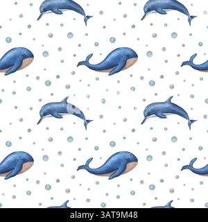 Aquarelle dauphins et baleine parmi les bulles d'eau dans les couleurs bleues Seamless patten arrière-plan isolé. Illustration ludique d'animaux marins. Banque D'Images