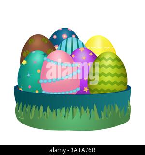 Éléments 3D avec un panier sur l'herbe, rempli d'œufs de Pâques ornés de couleurs vives avec divers motifs et motifs sur fond blanc. PE Illustration de Vecteur