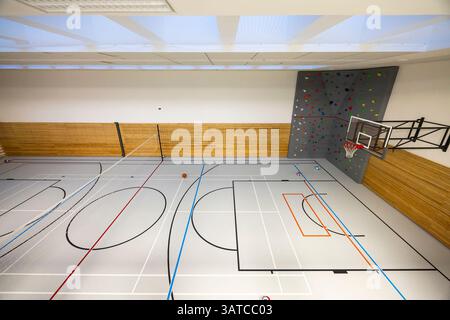 Salle de sport moderne avec panier de basket-ball, filet de volley-ball et mur d'escalade montrant des lignes pour différents sports sur le sol Banque D'Images