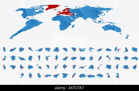 Cartes à gradient bleu poly bas de l'Europe avec les panneaux de la capitale. Collection de cartes. Illustration de Vecteur
