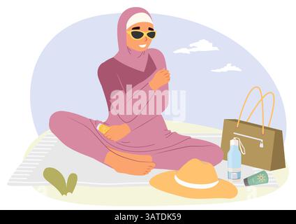 Une femme vêtue d'une tenue élégante s'assoit confortablement sur une couverture à l'extérieur, portant des lunettes de soleil Illustration de Vecteur