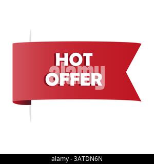 Étiquette ruban rouge. Message d'offre chaude. Forme d'ombre incurvée. Bannière vectorielle en gras. Illustration de Vecteur