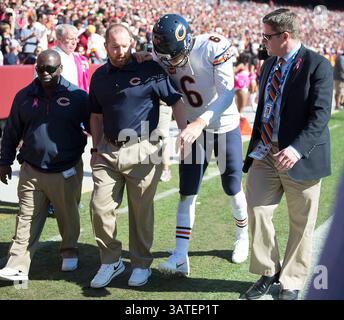 20 octobre 2013 - Landover, MD, États-Unis - le quarterback des Chicago Bears Jay Cutler (6) quitte le terrain avec le personnel médical de l'équipe après avoir été blessé dans un sac par Jarvis Jenkins (99), l'équipe défensive des Washington Redskins, au cours de la première mi-temps à FedEx Field à Landover, MD, le dimanche 20 octobre 2013. (Crédit image : © Harry E. Walker/MCT/ZUMAPRESS.com) Banque D'Images