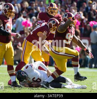 20 octobre 2013 - Landover, MD, États-Unis - Washington Redskins Defensive end Jarvis Jenkins (99 ans) célébré après le licenciement du quarterback des Chicago Bears Jay Cutler (6 ans) pendant la première mi-temps au FedEx Field à Landover, MD, dimanche 20 octobre 2013. Cutler (6 ans) a été blessé dans la pièce. (Crédit image : © Harry E. Walker/MCT/ZUMAPRESS.com) Banque D'Images