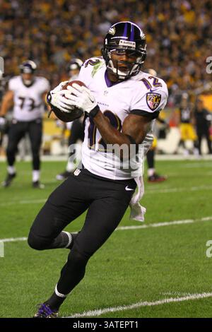 20 octobre 2013 - Pittsburgh, Pennsylvanie, U. S - Baltimore Ravens receveur large JACOBY JONES (12) attrapant la balle sur le banc de touche pendant le match. Les Steelers de Pittsburgh battent les Ravens de Baltimore 19-16 à Heinz Field. (Crédit image : © Brian Kunst/ZUMAPRESS.com) Banque D'Images