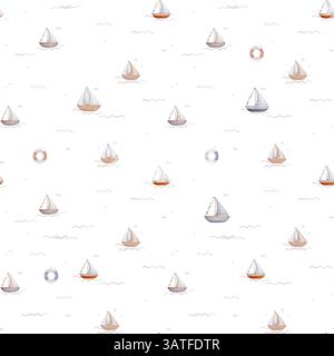 Aquarelle sans couture motif d'illustrations de voilier sur les vagues et les oiseaux dans le ciel sur isolé. Cheval de mer dessiné à la main dans la couleur pastel bleu violet Banque D'Images