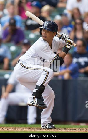 19 septembre 2013 - Milwaukee, Wisconsin, États-Unis d'Amérique - 19 septembre 2013 : Norichika Aoki, le joueur de droite de Milwaukee Brewers #7 à la batte lors du match de baseball de la Ligue majeure entre les Brewers de Milwaukee et les Cubs de Chicago au Miller Park à Milwaukee, WISCONSIN. Les Cubs ont gagné 5-1. John Fisher/CSM(image crédit : © John Fisher/Cal Sport Media/ZUMAPRESS.com) Banque D'Images