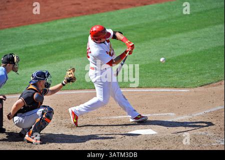 22 mai 2016 : Jonathan Rodriguez, premier joueur de base de Memphis, se balance lors de la septième manche d'un match de baseball MiLB entre le Round Rock Express et les Redbirds de Memphis à AutoZone Park à Memphis, Tennessee. Memphis a gagné 8-1. Austin McAfee/CSM(image crédit : © Austin McAfee/CSM via ZUMA Wire) Banque D'Images