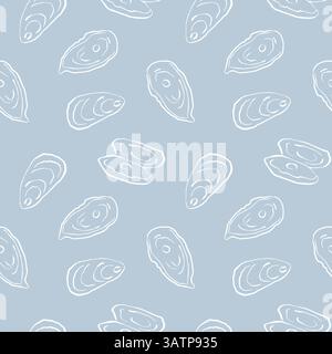 Motif sans couture d'huître minimal dans le style matisse découpé pour la conception et l'emballage de l'océan. Dessin blanc sur fond bleu Illustration de Vecteur