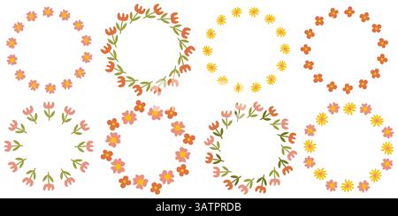 Ensemble de cadres floraux ronds élégants avec des fleurs pastel délicates, bordures de cercle décoratives botaniques pour invitations de mariage, cartes de douche de bébé, femin Illustration de Vecteur