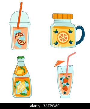 Ensemble de pots de limonade et verres à cocktail avec agrumes d'été et fraise, collection de boissons rafraîchissantes pour les fêtes d'été, les événements de plage et tropica Illustration de Vecteur