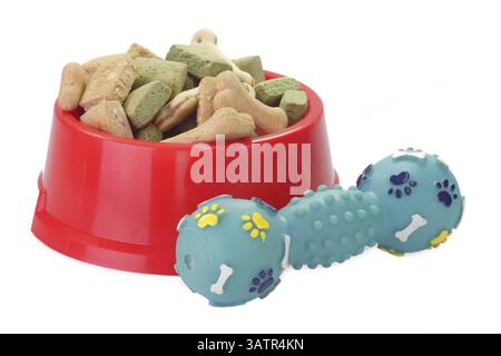 Bol pour chien avec de la nourriture sur fond blanc nourriture pour chien dans un bol avec jouet pour animaux de compagnie sur fond blanc Banque D'Images
