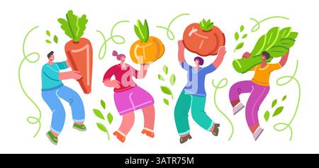 Des gens heureux avec de gros légumes. Aliments agricoles biologiques, agriculture ou jardinage. Alimentation saine, nutrition diététique Illustration de Vecteur