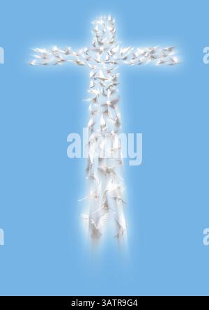 Croix de colombes blanches volant en perspective - collage, colombe est le symbole de l'esprit Saint, qui est descendu sur Christ et est venu sur terre après son Resurre Banque D'Images