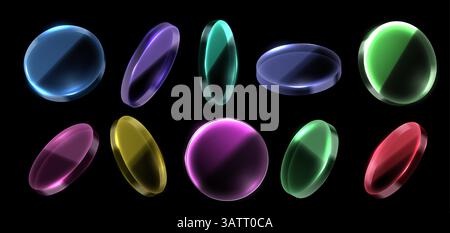 Disques en verre coloré. Lentille teintée, cercle transparent coloré et plaque de verre tonique. Eléments optiques avec transparence et effet de réfraction de la lumière 3D. Illustration de Vecteur