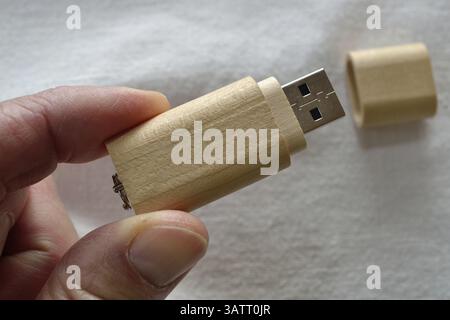 Clé de données USB en bois tenue Banque D'Images