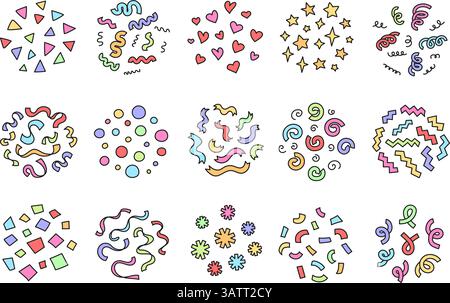 Décorations de confettis de fête dessinées à la main. Doodle Confetti Pattern Circles, streamers de célébration colorés, rubans, étoiles et formes de coeurs. Festif Illustration de Vecteur