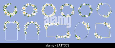 Cadres fleuris de marguerites. Couronnes de camomille et bordures avec marguerites de jardin. Cercle, ovale, rectangle et cadre en arc décoré de fleurs en pâquerettes. Mariage Illustration de Vecteur