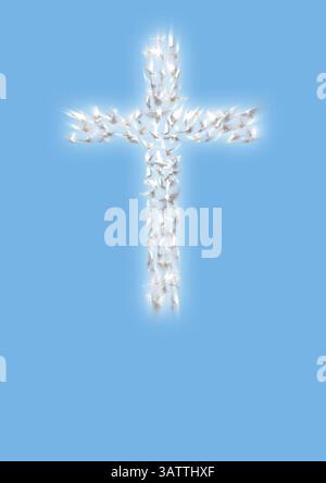 Croix de colombes blanches volantes - collage, colombe est le symbole de l'esprit Saint, qui est descendu sur Christ et est venu sur terre après sa Résurrection Banque D'Images