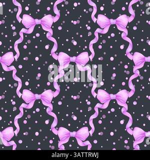 Arc violet aquarelle dessiné à la main avec un motif sans couture de confettis isolé sur fond sombre. Peut être utilisé pour le textile, le scrapbook de tissu et toute autre impression Banque D'Images