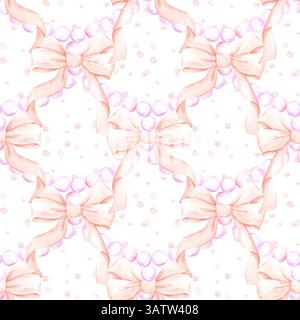 Perles d'arc rose à l'aquarelle dessinées à la main et motif sans couture de confettis isolé sur fond blanc. Peut être utilisé pour le textile, le scrapbook de tissu et autres Banque D'Images