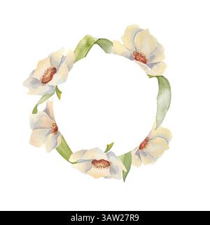 Couronne blanche hellebore avec tiges vertes douces et feuilles aquarelle peinte à la main isolé sur blanc. Pivoines crémeuses florales dans un cadre circulaire pour le printemps Banque D'Images