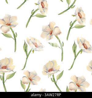 Motif floral sans couture d'anémones crémeuses sur tiges aquarelle dessinée à la main. Fond élégant de répétition botanique avec des roses sauvages blanches et un feuillage mou Banque D'Images