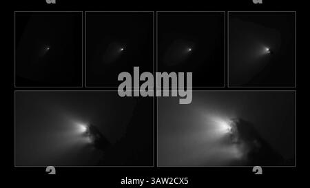 14 mars 2016 - cosmodrome de Baïkonour - ESPACE extérieur -- 14 mars 2016 -- dans la nuit du 13â€"14 mars 1986, le vaisseau Giotto de ESAâ€™ a volé à seulement 596 km de la comète de Halley - révélant pour la première fois comment un noyau cométaire semble de près. Ce montage présente six images du survol historique, la première (en haut à gauche) prise environ trois heures avant l'approche la plus proche, à une distance de 766 371 km, et la dernière (en bas à droite) prise seulement 27 s avant l'approche la plus proche, à 1917 km du noyau. Alors que Giotto se refermait, les images montraient un objet extrêmement sombre en forme de pomme de terre de 15 x 7,2 Banque D'Images
