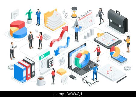 les gens d'affaires vectoriels isométriques analysant des graphiques, en couleur sur un fond blanc, la recherche de données statistiques et le travail d'équipe professionnel Illustration de Vecteur