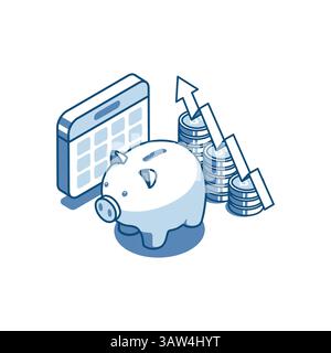 tirelire d'icône linéaire de vecteur isométrique avec calendrier et tableau de pièces de monnaie avec flèche, en couleur sur fond blanc, épargne financière et planni de revenu Illustration de Vecteur