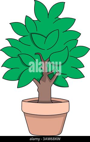 Arbre en pot de style dessin animé créatif avec d'épaisses feuilles vertes et un tronc qui forme subtilement les profils de deux visages humains. Illustration de Vecteur