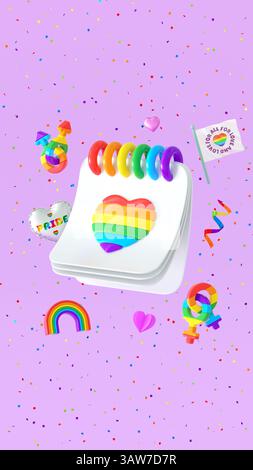 Happy Pride publie sur les médias sociaux avec un cœur arc-en-ciel sur un calendrier et des symboles flottant sur un fond rose pour le mois de la fierté LGBTQIA+ et la diversité de l’amour c Banque D'Images