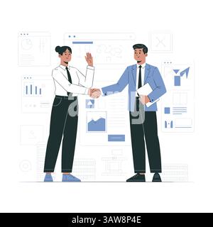 Homme et femme serrant la main avec des graphiques de données, représentant l'accord, la collaboration et le succès commercial. Parfait pour le partenariat et l'investissement desi Illustration de Vecteur