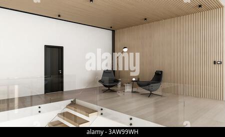Salon minimaliste moderne avec chaises noires et mur en bois vide pour espace de copie, rendu 3D. Banque D'Images