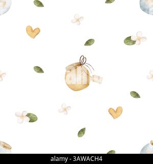 Patron de pots de miel, pot, coeurs, fleurs de camomille, feuilles. Illustration d'aquarelle dessinée à la main. Impression sans couture sur fond pour textile pour enfants Banque D'Images