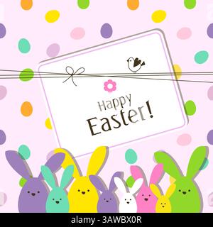 Carte de Pâques avec oeufs colorés, lapins et un petit oiseau Illustration de Vecteur