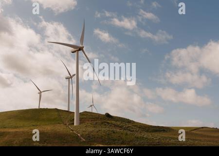 Les éoliennes produisent de l'énergie durable sur une colline verte sous un ciel nuageux, favorisant les énergies renouvelables et la conservation de l'environnement Banque D'Images