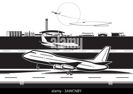 Avions de passagers décollant et atterrissant dans l'aéroport - illustration vectorielle Illustration de Vecteur