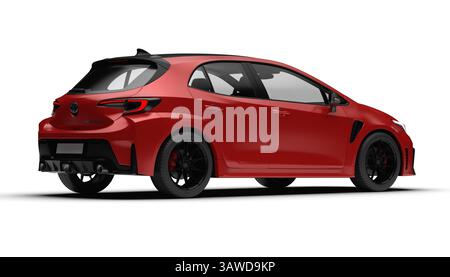 Izmir, Turquie - 18 avril 2025 : perspective arrière droite de Toyota Corolla GR 2025 rouge modèle voiture sur fond blanc. Banque D'Images