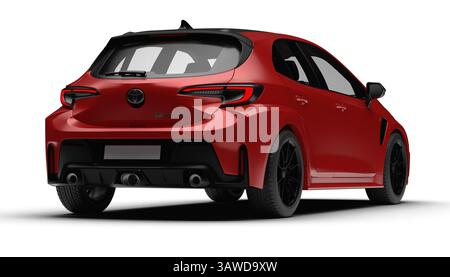 Izmir, Turquie - 18 avril 2025 : perspective arrière droite de Toyota Corolla GR 2025 rouge modèle voiture sur fond blanc. Banque D'Images