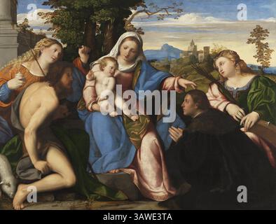 Titre : la Vierge à l'enfant avec des saints et un donateur artiste : Palma Vecchio (Jacopo Negretti) date : CA. 1518–1520 technique : huile sur panneau transférée sur toile dimensions : 105 x 136 cm lieu : Museo Nacional Thyssen-Bornemisza, Madrid Banque D'Images