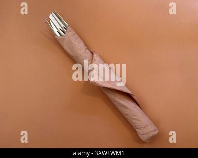 Couteau, fourchette, couverts, enveloppé dans une serviette, couché sur la table, couleur saumon, Stuttgart, Bade-Wuerttemberg, Allemagne, Europe Banque D'Images