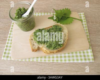 Pesto roquette à l'ail maison sur baguette Banque D'Images