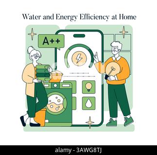 Sustainability at Home met l'accent sur les pratiques visant à améliorer l'efficacité énergétique et de l'eau. Cette illustration montre des individus qui s'engagent avec des appareils intelligents et des habitudes écologiques. Illustration vectorielle. Illustration de Vecteur