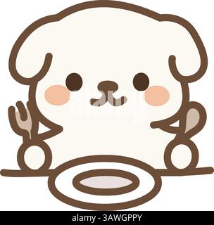 Chiot blanc mignon assis à une table avec une fourchette et une cuillère, se préparant à manger Illustration de Vecteur