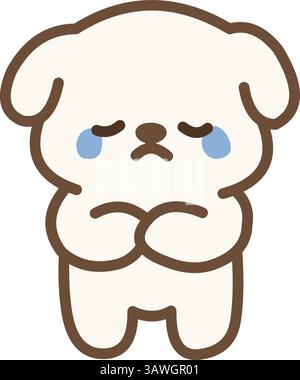 Cute white puppy crying, with tears and a sad expression, standing with crossed arms Illustration de Vecteur