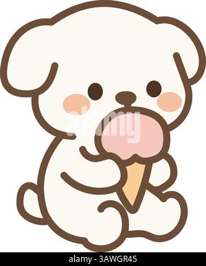 Chiot blanc mignon mangeant une crème glacée Illustration de Vecteur