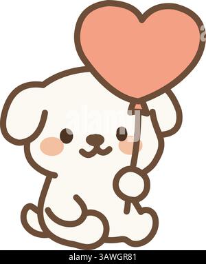 Chiot blanc mignon tenant un ballon en forme de coeur tout en étant assis Illustration de Vecteur