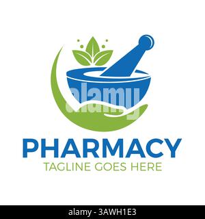 Modern Pharmacy logo Design Vector - mortier à base de plantes et icône de pilon pour l'image de marque médicale et de santé Illustration de Vecteur